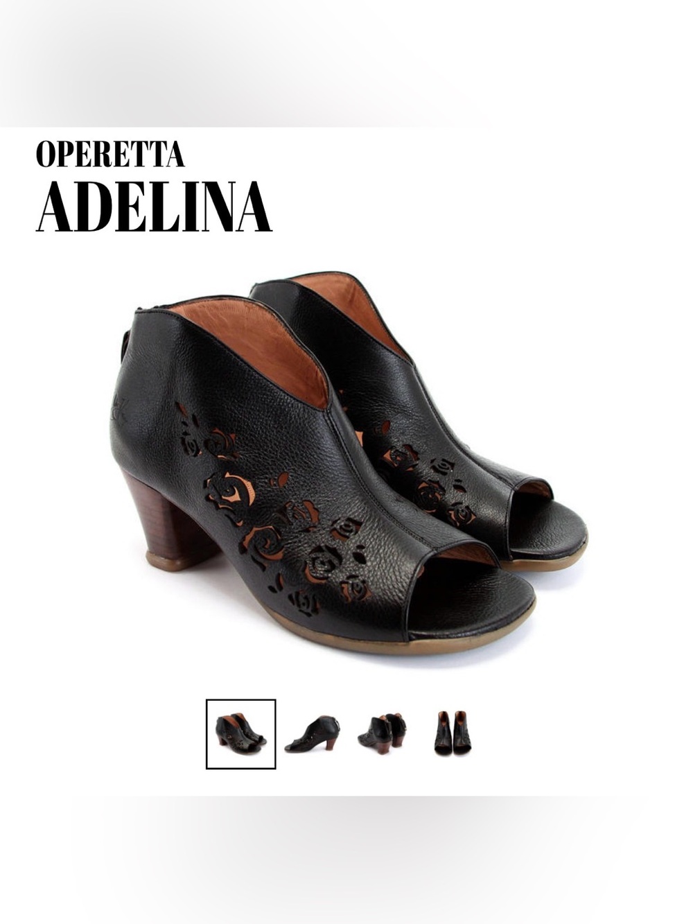 Adelina Black Peep-Toe Leather Heels